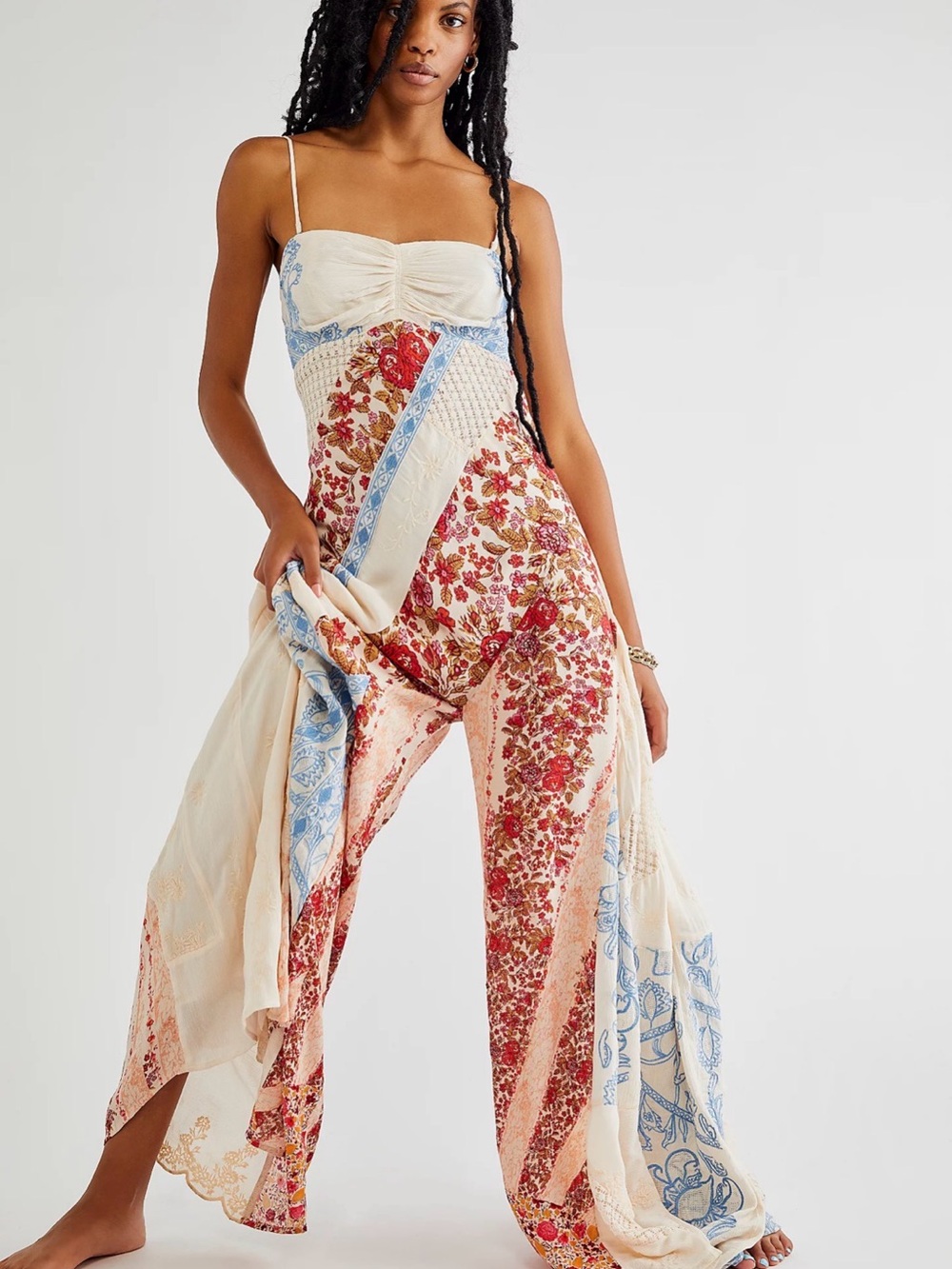 Free People Floral Patchwork Wide-Leg Jumpsuit in Cream, Red & Blue